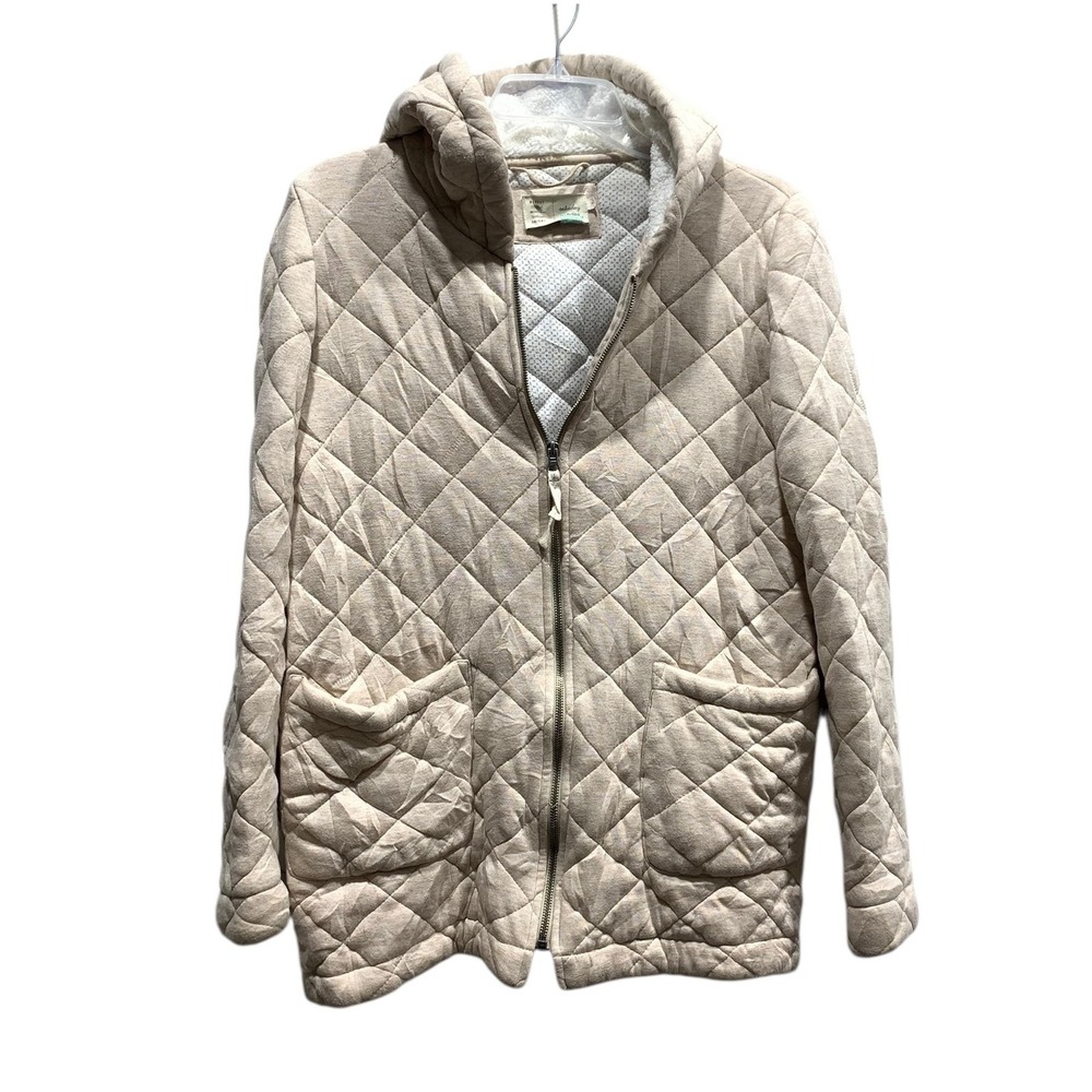 Saturday‎ Sunday Quilted Hooded Jacket Beige Full Zip Pockets Cozy Womens sz M